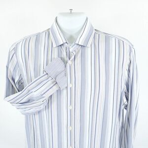 Joseph Abboud Large‎ Blue White Tan Striped Flip Cuff Dress Shirt Getzner